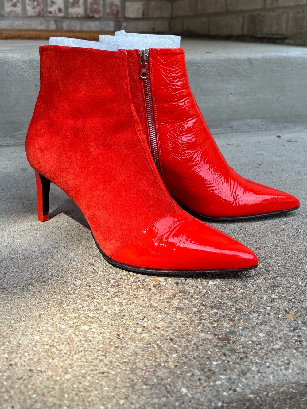 rag & bone Beha Bootie Orange/Red Patent and Suede Pointed Toe Ankle Boots 38
